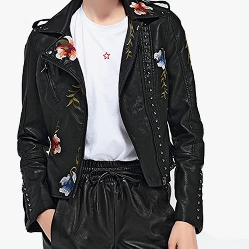 Yilanuoyi Women Floral Embroidered Faux Leather Moto Jacket Coat S NWT IN‎ PKG